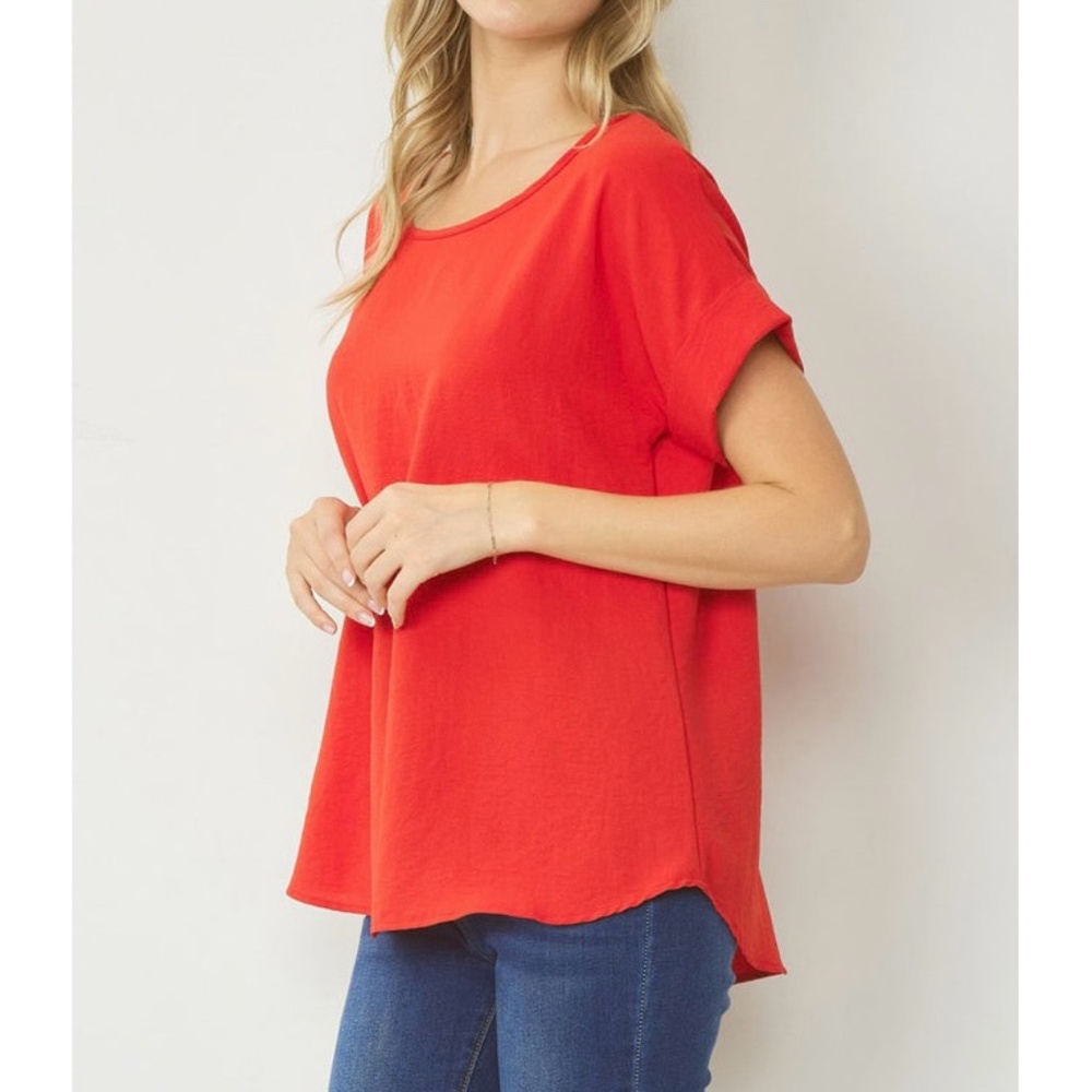 Pleione | Vibrant Coral Scoop Neck Rolled Sleeves Curved Hemline High Low Blouse